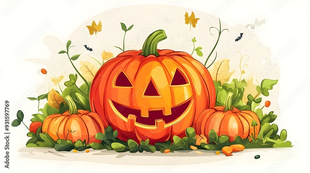 Obraz premium Playful and Bountiful Pumpkin Filled Halloween Harvest Scene with Cartoon Style