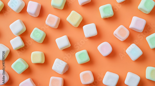 "A Photo of Colorful Marshmallows on an Orange Background, Highlighting a Sweet and Vibrant Display"