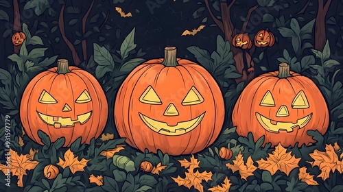 Bright and Playful Halloween Pumpkins in Bountiful Autumn Harvest Scene