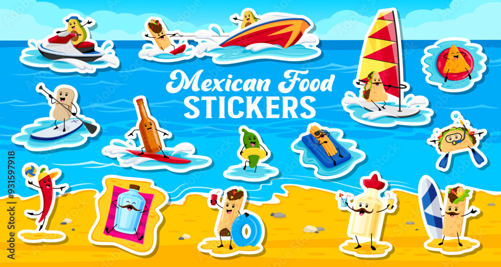 Obraz premium Stickers of funny mexican cuisine characters on summer vacation. Vibrant set of tex mex burrito, chili pepper and beverages, engaging in water sports and beach activities on a sunny day at the seaside