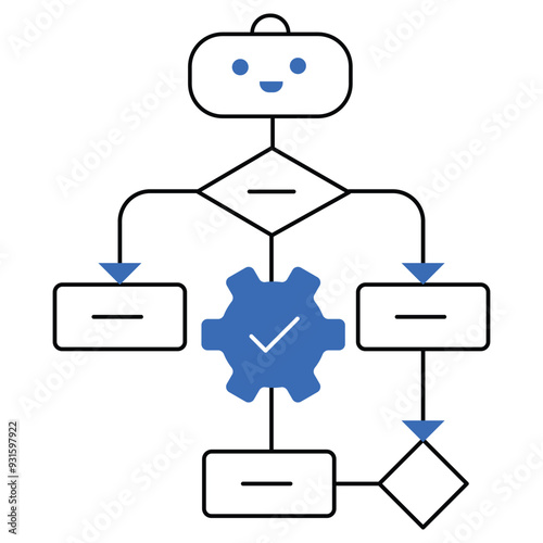 An icon representing robotic process automation with a flowchart and AI gear, showcasing applications in Industry 4.0, fintech innovation, supply chain management, and healthcare.