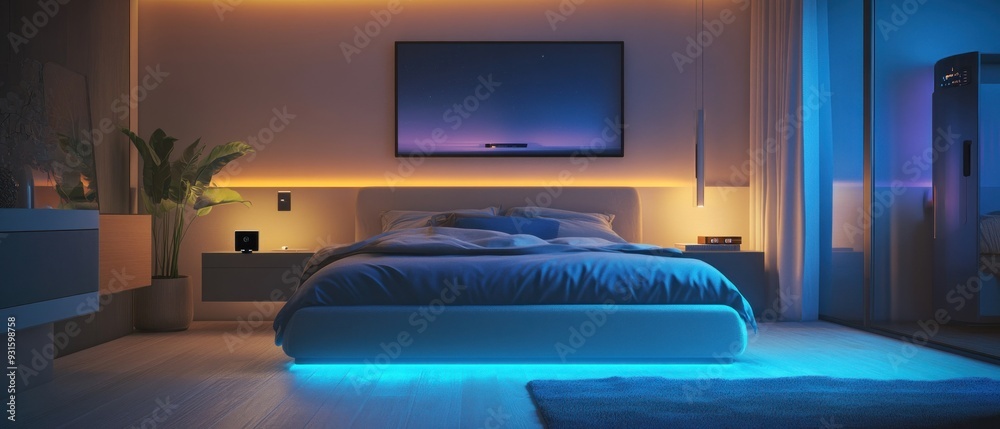Modern Bedroom with Blue and Yellow Lighting and a Night Sky Painting Modern Bedroom with Blue and Yellow Lighting and a Night Sky Painting