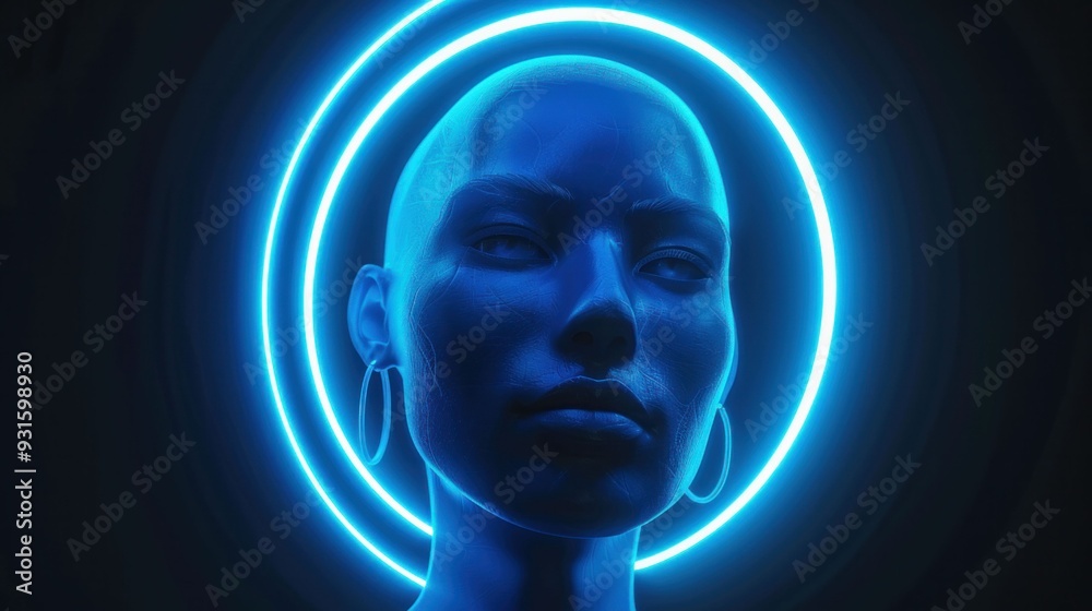Obraz premium Futuristic blue lit female mannequin with a glowing halo background showcasing a modern aesthetic