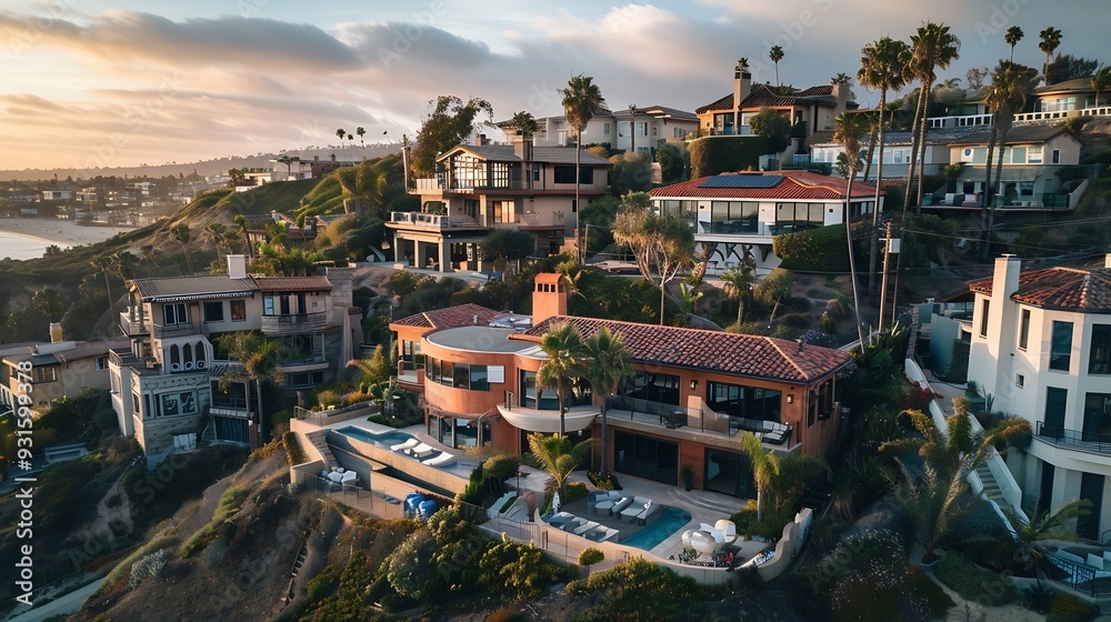 Obraz premium Aerial view of hillside luxury single family homes above Sunset Beach San Diego with palm trees and large terrace : Generative AI