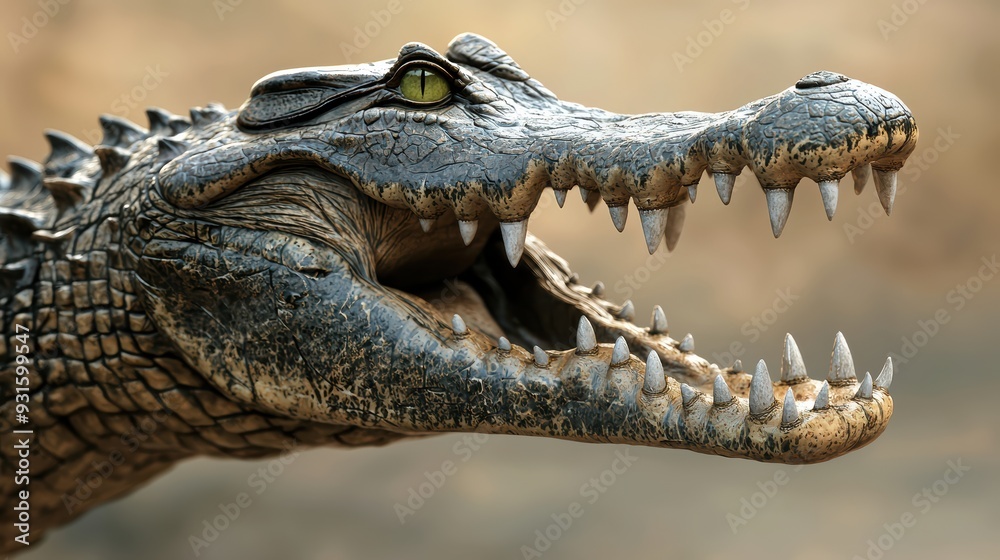 Fototapeta premium A close up of crocodiles head, showcasing its sharp teeth and intense expression. crocodile appears fierce and alert. 
