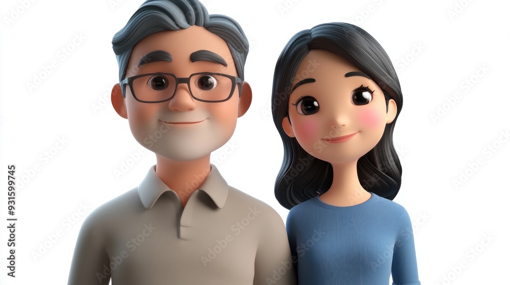 3D Cartoon Portrait of Asian Parent and Daughter Family of Three 3D Cartoon Portrait of Asian Parent and Daughter Family of Three