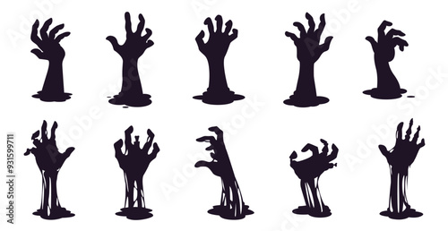 Halloween cemetery zombie hands silhouettes. Vector set of black spooky arms, sticking out of the ground, capturing eerie and chilling vibes. Graveyard horror night with creepy reaching human limbs
