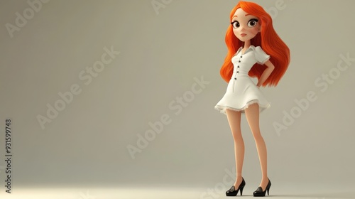 3D cartoon redhead girl in a cute white babydoll outfit and stylish black shoes