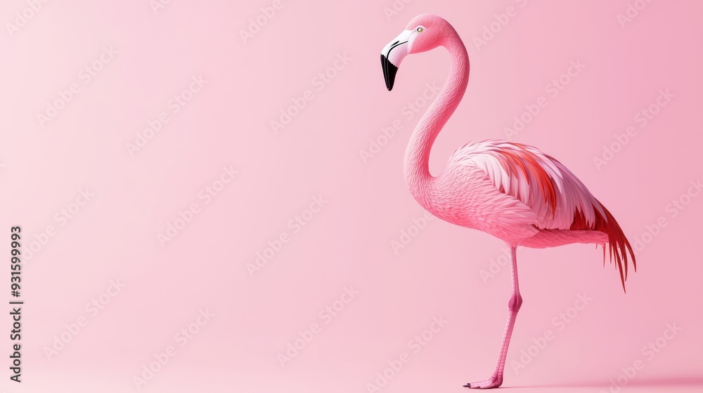 Fototapeta premium A vibrant pink flamingo stands gracefully against soft pink background, exuding elegance and charm. Its feathers are detailed and colorful, creating cheerful atmosphere. 