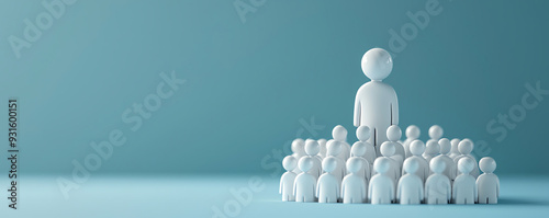 A 3D illustration depicting a leader standing above a group of followers, symbolizing leadership, unity, and inspiration.