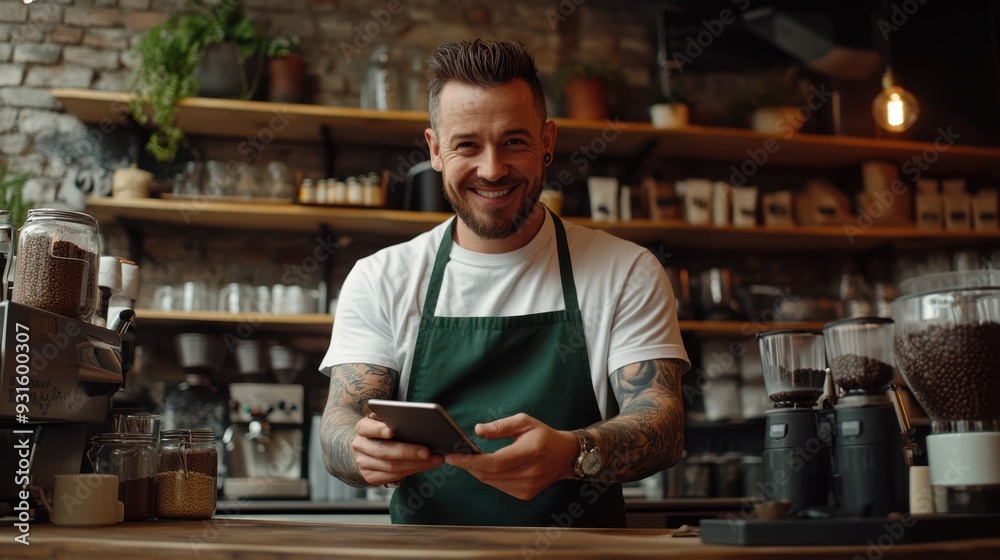 The barista using phone The barista using phone