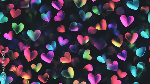 A seamless pattern with minimalistic holographic hearts - Glowing neon rainbow background. 
