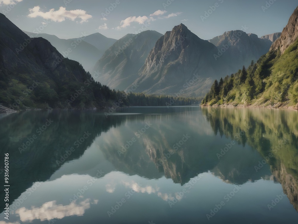 A breathtaking landscape of a serene lake surrounded by mountains, with the reflection of the sky on the water. The scene captures the beauty of nature and tranquility A breathtaking landscape of a serene lake surrounded by mountains, with the reflection of the sky on the water. The scene captures the beauty of nature and tranquility