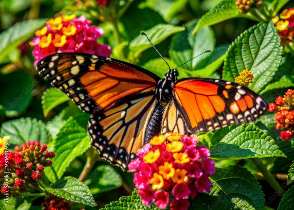 Delicate monarch butterfly with intricate orange and black wings perches on a vibrant cluster of lantana flowers, surrounded by lush green foliage and warm sunlight. Delicate monarch butterfly with intricate orange and black wings perches on a vibrant cluster of lantana flowers, surrounded by lush green foliage and warm sunlight.