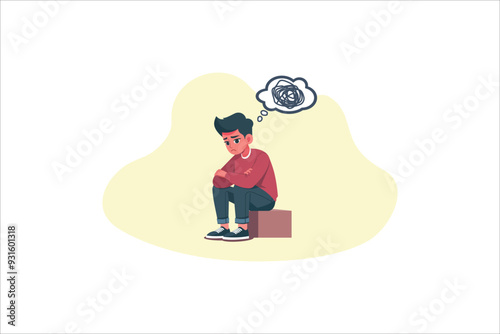Sad man in depression sitting and thinking over problems. Confused thoughts in his mind, mental health issues, bankruptcy, stress, lose, crisis, burnout syndrome, relationship trouble concept.