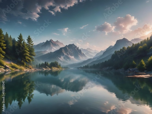 A breathtaking landscape of a serene lake surrounded by mountains, with the reflection of the sky on the water. The scene captures the beauty of nature and tranquility