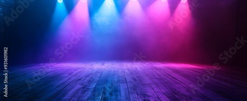 "Wooden Floor with Pink and Blue Lights - A Fusion of Warm and Cool Tones Illuminating Natural Texture"