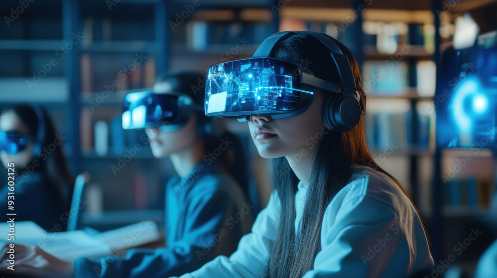 College students wear VR headsets in the AI and intelligent technology innovation classroom College students wear VR headsets in the AI and intelligent technology innovation classroom