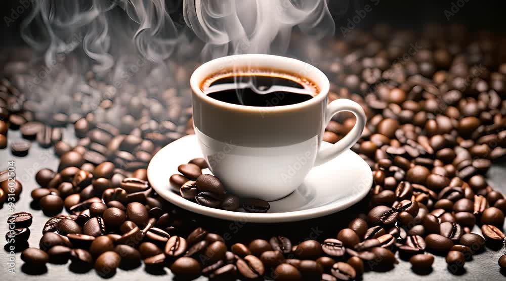 Hot Espresso Coffee with Steam Rising on a Bed of Coffee Beans Hot Espresso Coffee with Steam Rising on a Bed of Coffee Beans