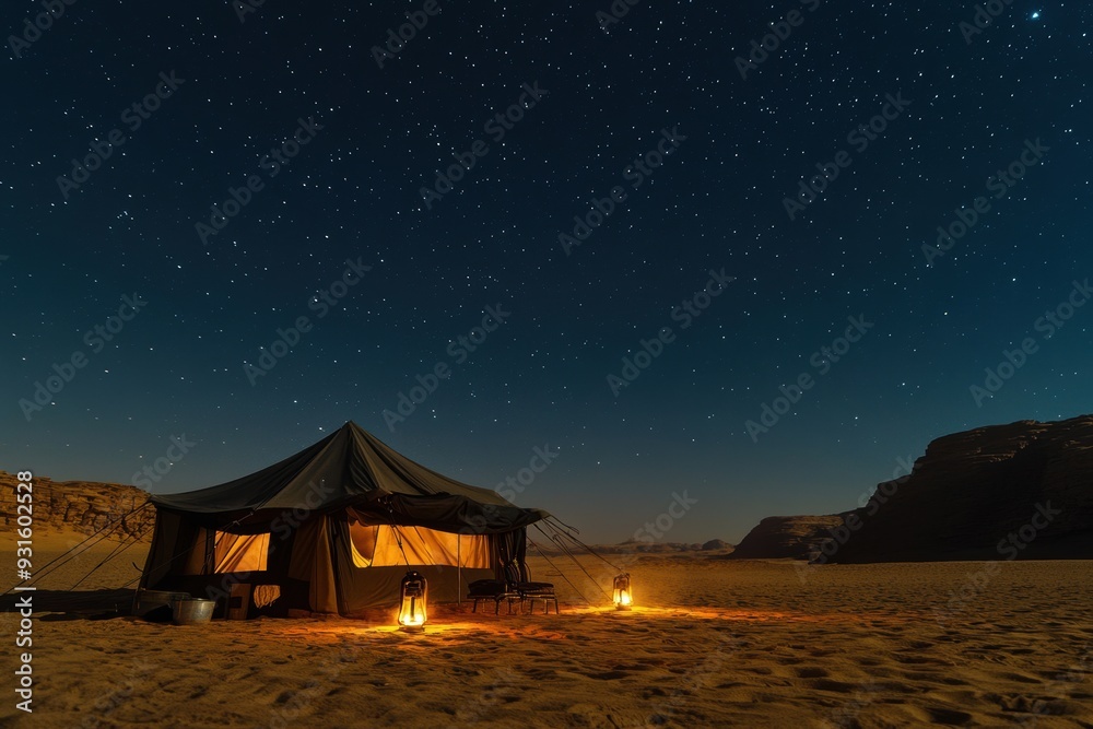Desert Campsite Illuminated by Lanterns under a Starry Night Sky Desert Campsite Illuminated by Lanterns under a Starry Night Sky