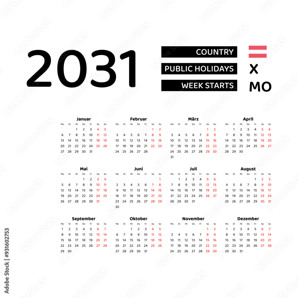 Calendar 2031 German language with Austria public holidays. Week starts from Monday. Graphic design vector illustration.
