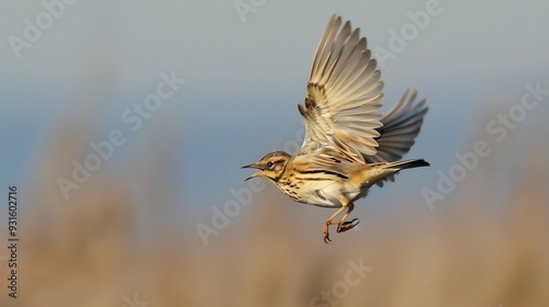 Skylark soaring high in the sky singing its melodious song photo