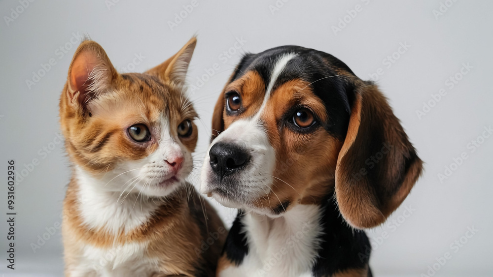 Puppy king charles spaniel lying on bed next to kitten of scottish breed Puppy king charles spaniel lying on bed next to kitten of scottish breed