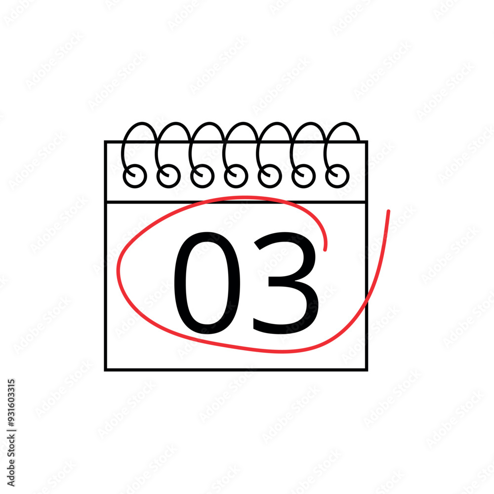 Vector flat icon of calendar with specific day marked on day 03 isolated on transparent background. Vector flat icon of calendar with specific day marked on day 03 isolated on transparent background.