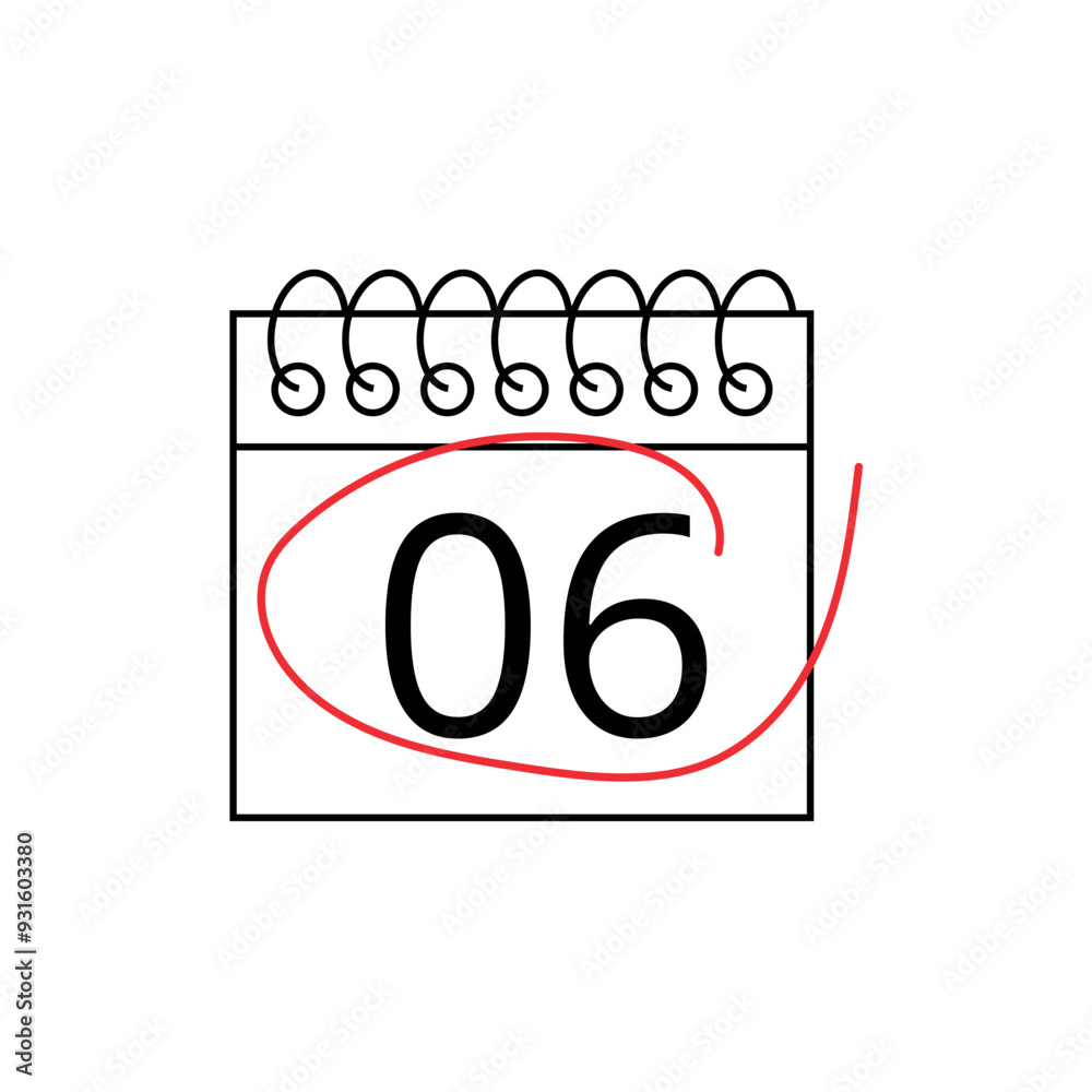 Vector flat icon of calendar with specific day marked on day 06 isolated on transparent background. Vector flat icon of calendar with specific day marked on day 06 isolated on transparent background.
