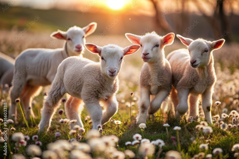 Adorable little lambs frolic and play on a lush green spring meadow, bathed in warm golden light during a serene sunrise, surrounded by blooming wildflowers. Adorable little lambs frolic and play on a lush green spring meadow, bathed in warm golden light during a serene sunrise, surrounded by blooming wildflowers.