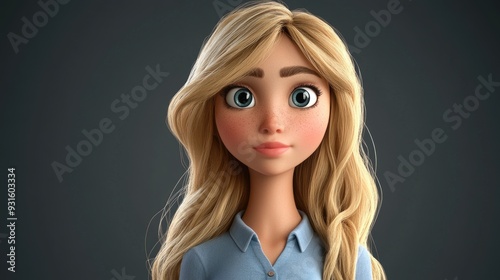 3D cartoon portrait of a young blonde woman with a gray background studio