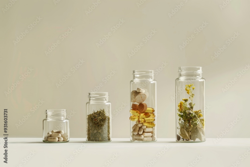  Herbal food supplements in tablets, capsules of various types, in glass jars with plants. Health care concept.