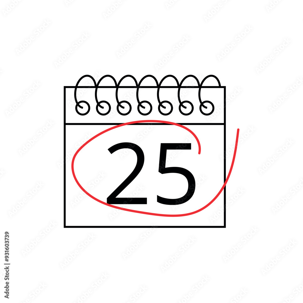 Vector flat icon of calendar with specific day marked on day 25 isolated on transparent background. Vector flat icon of calendar with specific day marked on day 25 isolated on transparent background.