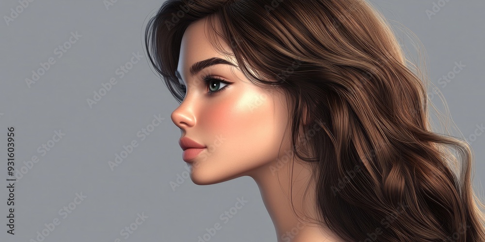 Fototapeta premium 3D Cartoon Portrait of Young Beautiful Brunette Woman in Profile Against Gray Background