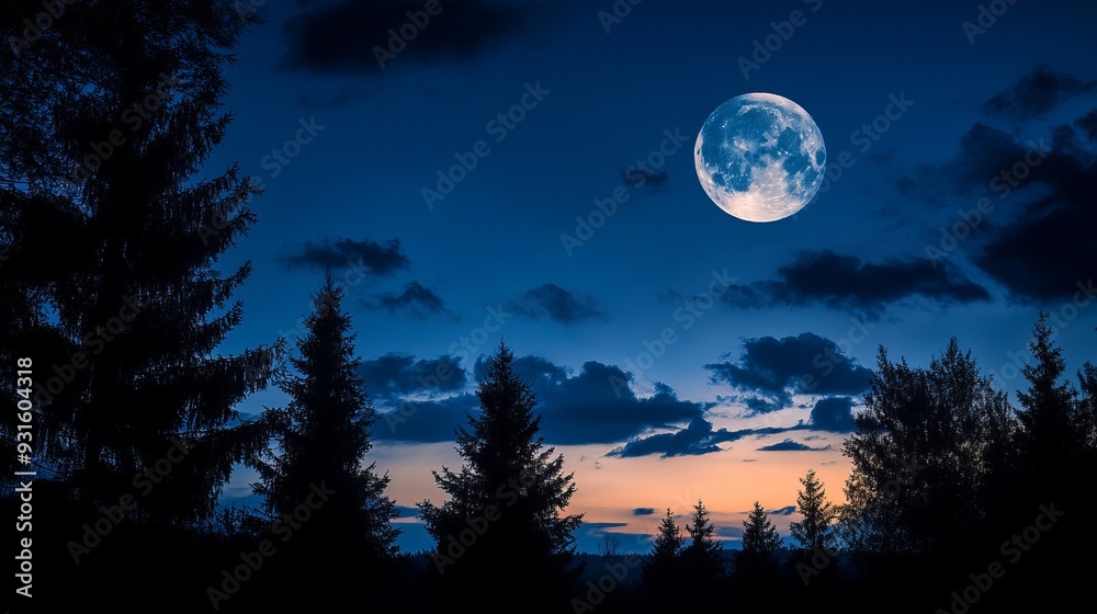 Dramatic night sky with full moon and trees silhouette Dramatic night sky with full moon and trees silhouette