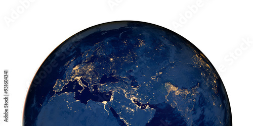 Planet earth photo at night on png background, City Lights of Africa, Europe, and the Middle East from space, World map at night, satellite image. Elements of this image furnished by NASA.