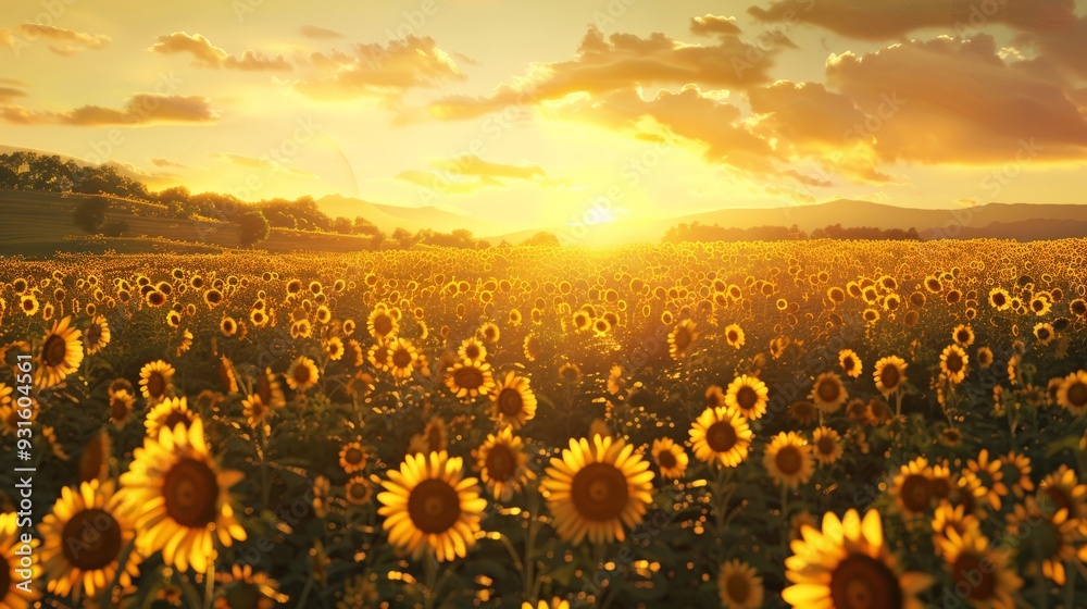 Fototapeta premium Scene of a sunflower field at sunset flat design top view summer warmth theme
