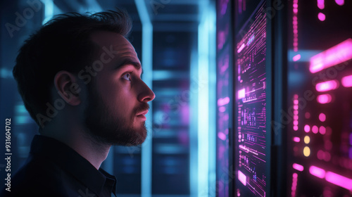 Programmer at a privacy data leak analysis screen in a big data server room