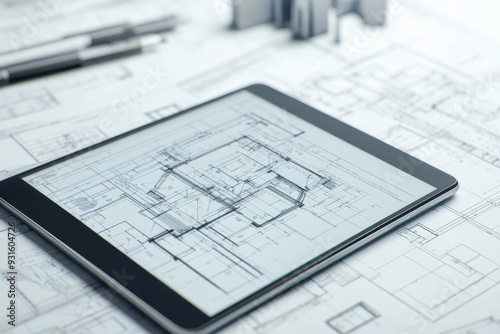 Tablet Displaying 3D Architectural Blueprint Overlayed on Plans