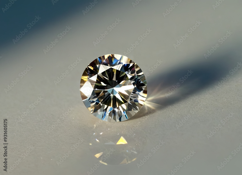 A brilliant diamond rests on a sleek surface, capturing light and casting reflections, showcasing its stunning facets and clarity A brilliant diamond rests on a sleek surface, capturing light and casting reflections, showcasing its stunning facets and clarity
