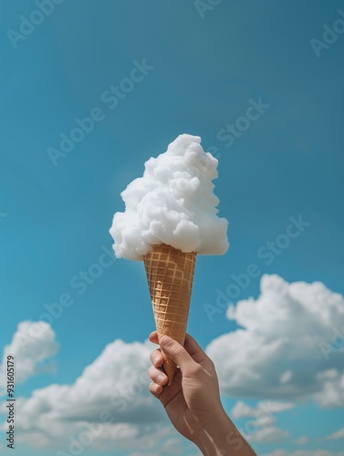 Hand holding ice cream cone filled with cotton against a blue sky with fluffy clouds. Concepts of creativity, imagination, and playful summer moments. photo