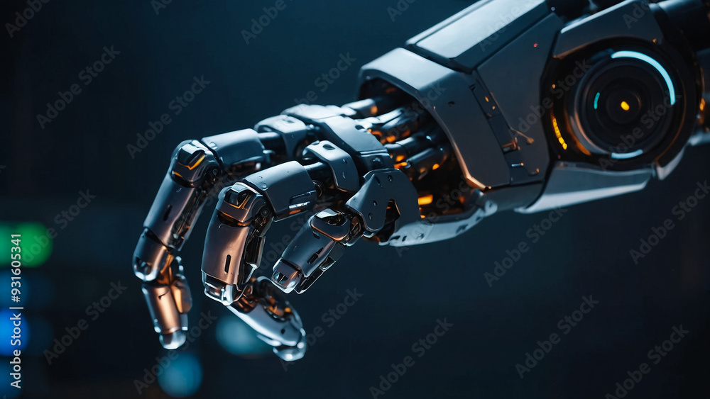 Intelligent robot machine pointing finger on dark background 3D rendering