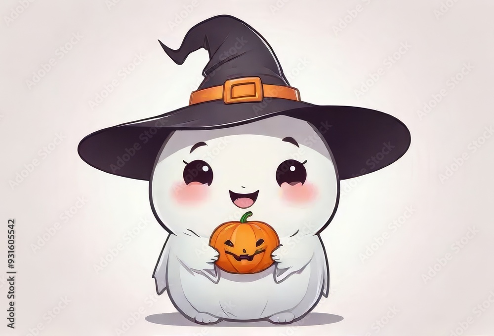 Adorable chibi ghost wearing a small witch hat holding a tiny pumpkin Adorable chibi ghost wearing a small witch hat holding a tiny pumpkin