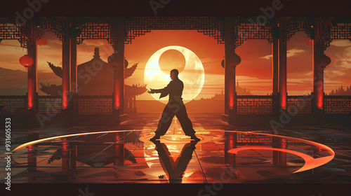 a man is practicing kung fu in a temple