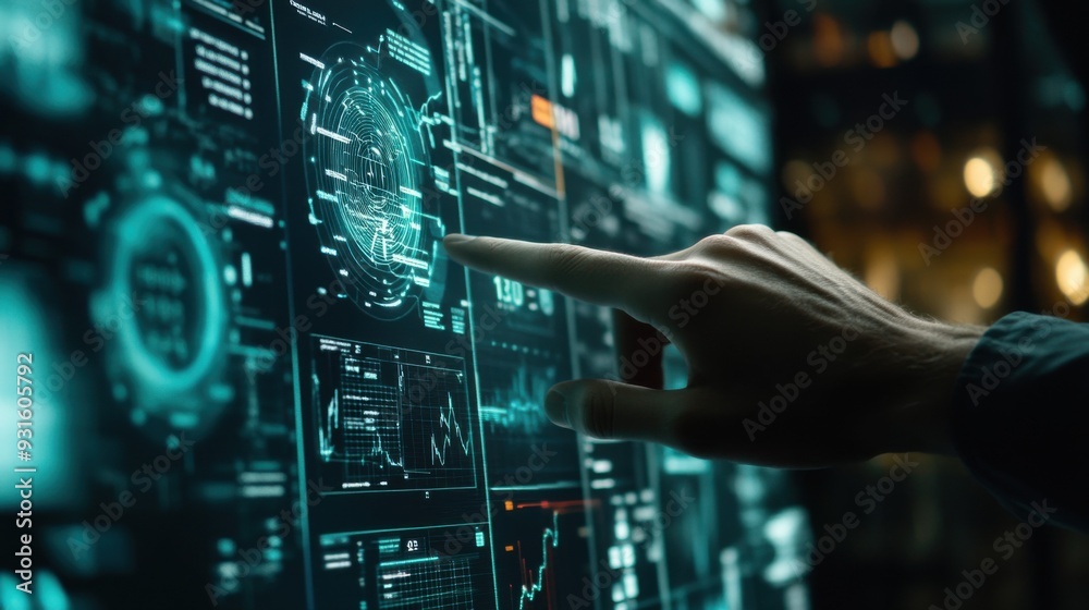 Hand Interacting with Futuristic Digital Touch Screen Displaying Complex Data Hand Interacting with Futuristic Digital Touch Screen Displaying Complex Data