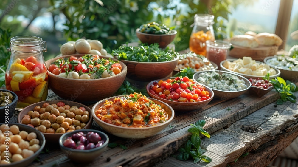 Delicious Mediterranean Feast with Fresh Vegetables, Olives, and Herbs on a Rustic Wooden Table in a Sunlit Garden Delicious Mediterranean Feast with Fresh Vegetables, Olives, and Herbs on a Rustic Wooden Table in a Sunlit Garden