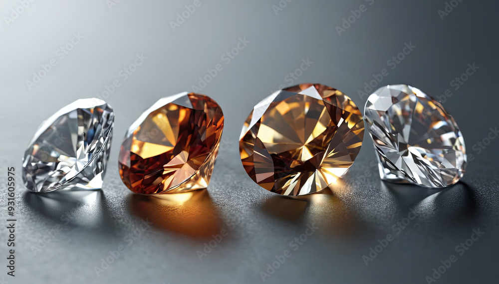 A stunning array of diamonds showcases their brilliance and colors, reflecting light beautifully against a dark, polished background A stunning array of diamonds showcases their brilliance and colors, reflecting light beautifully against a dark, polished background