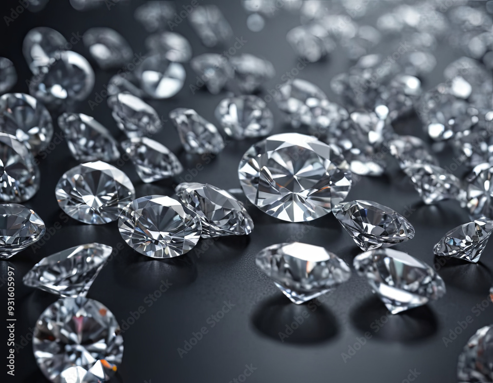 Scattered diamonds shimmer brilliantly on a smooth dark surface, reflecting light and creating a captivating visual effect Scattered diamonds shimmer brilliantly on a smooth dark surface, reflecting light and creating a captivating visual effect