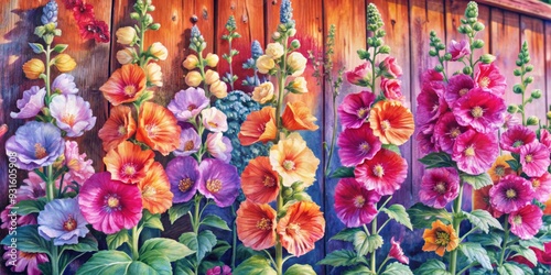 Vibrant watercolor artwork depicting tall, statuesque hollyhocks against a rustic garden wall, showcasing delicate floral beauty and kaleidoscope of colors in a whimsical botanical setting.