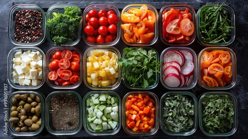 Colorful and Fresh Healthy Meal Ingredients in Glass Containers for Meal Prep and Clean Eating